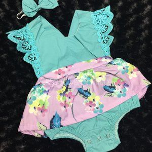 Aqua w/ Lavender Floral  X Romper Jumpsuit Skirt with headband